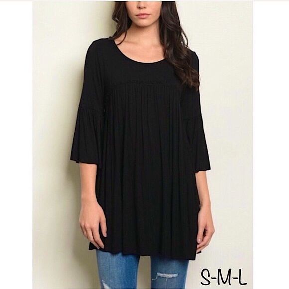 Black 3/4 Sleeve Bell Sleeve Empire Waist Tunic S-M-L - Picture 5 of 13